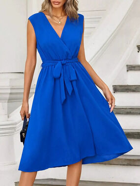 ZARA Elegant Woven Tie Neck Cinched Waist Slimming A Line Summer Dress